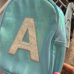 Iridescent Blue Backpack with Glitter Initial